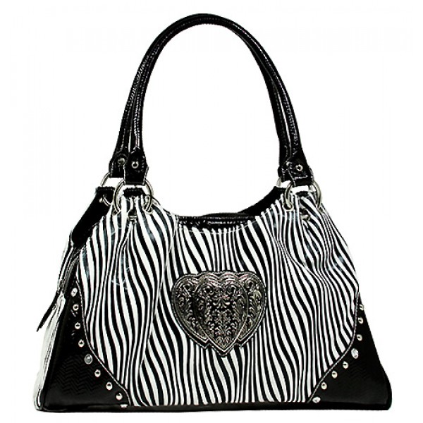 Animal Zebra Print Satchel Bags w/ 3-Heart Charm - White - BG-108HZ-WT